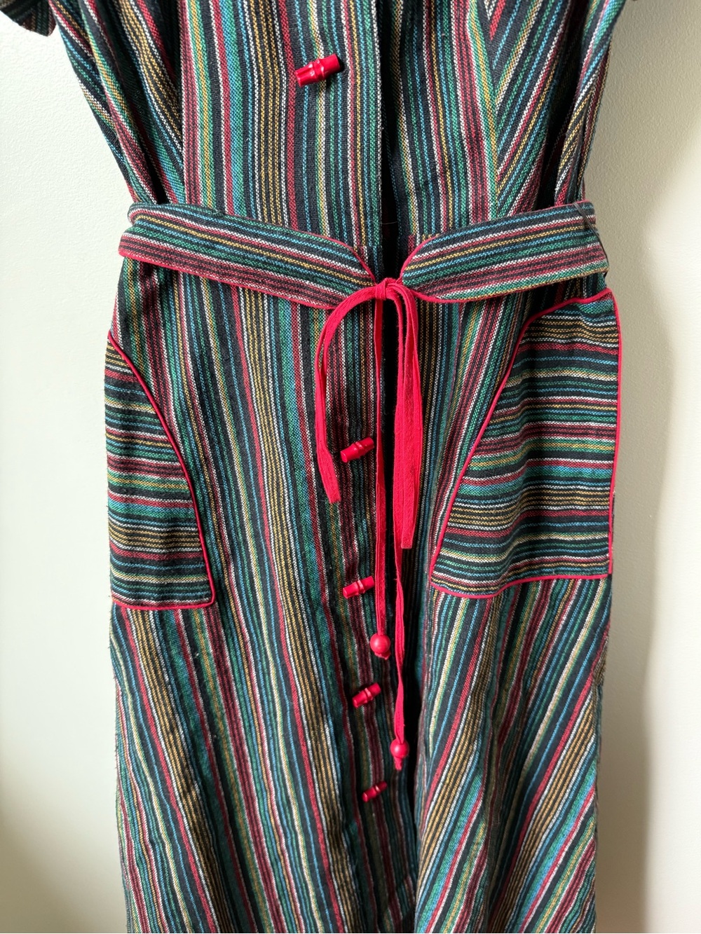 VINTAGE Striped Shirtdress Woven Midi Dress Rockabilly Pin Up Rainbow MCM 40 L - Picture 8 of 8
